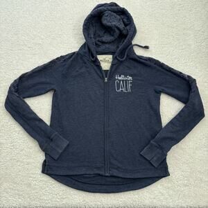 Hollister Zip Up Hoodie Y2K Lace Embroidered Y2K Navy Blue Women's Size Small